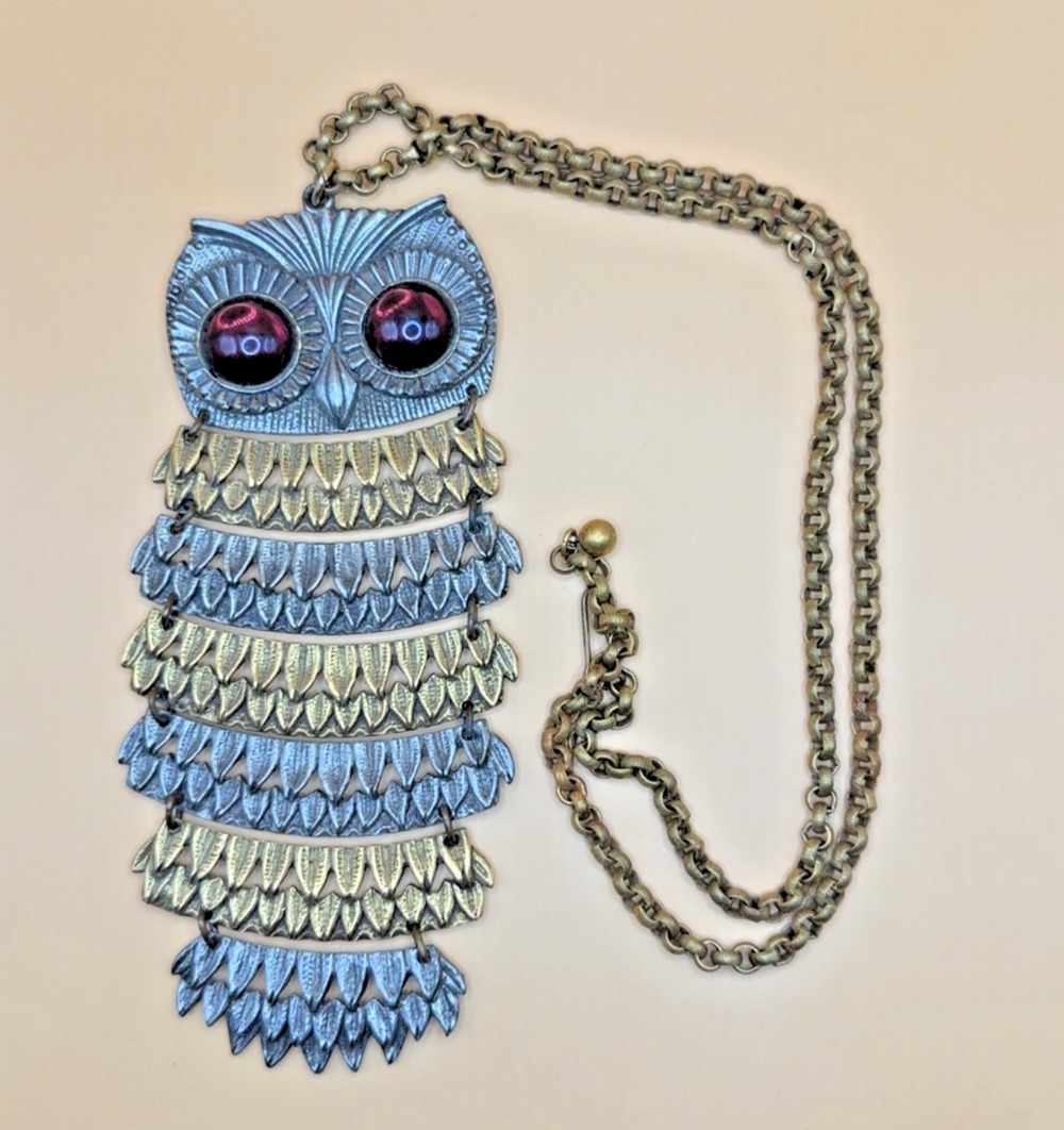Goldette Vintage Owl Pendant Necklace Red Cabochon Eyes 22in Chain